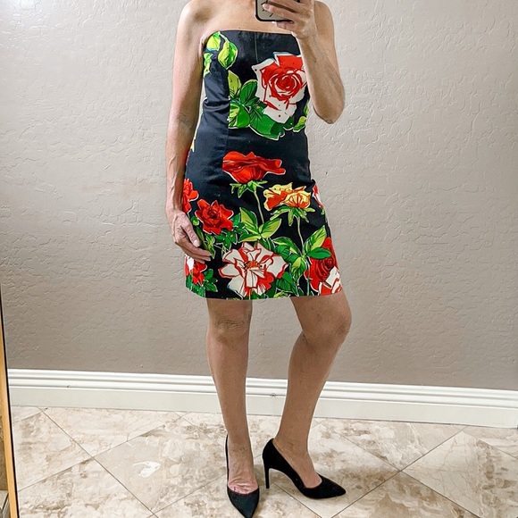 David Meister Strapless Floral Crystal Mini Dress Black Multicolored Size 2 - Picture 3 of 11